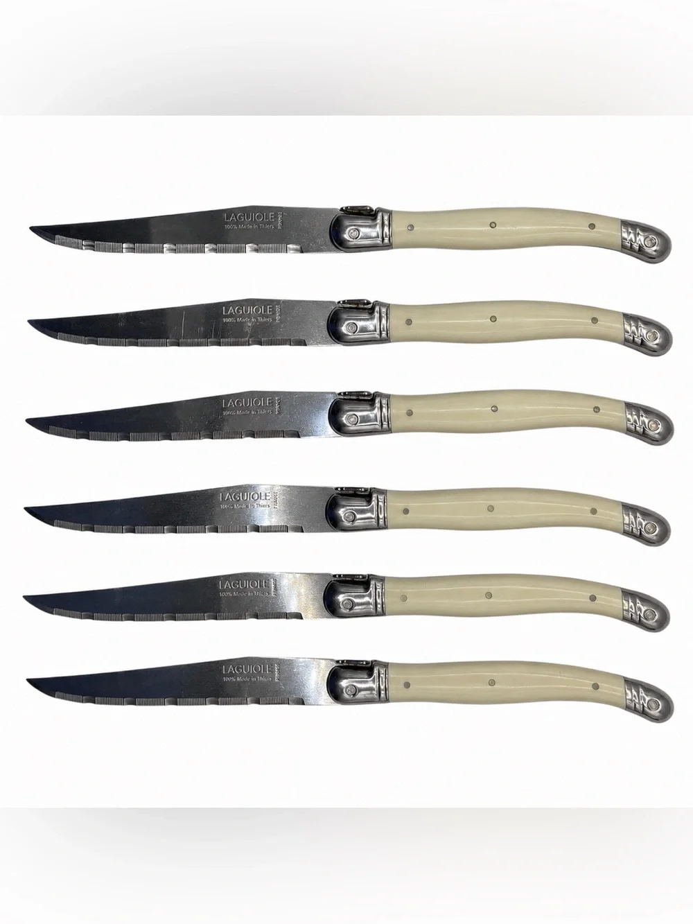 Jean Dubost Laguiole Steak Knives Set of 6 Stainless with Ivory Handles & Block